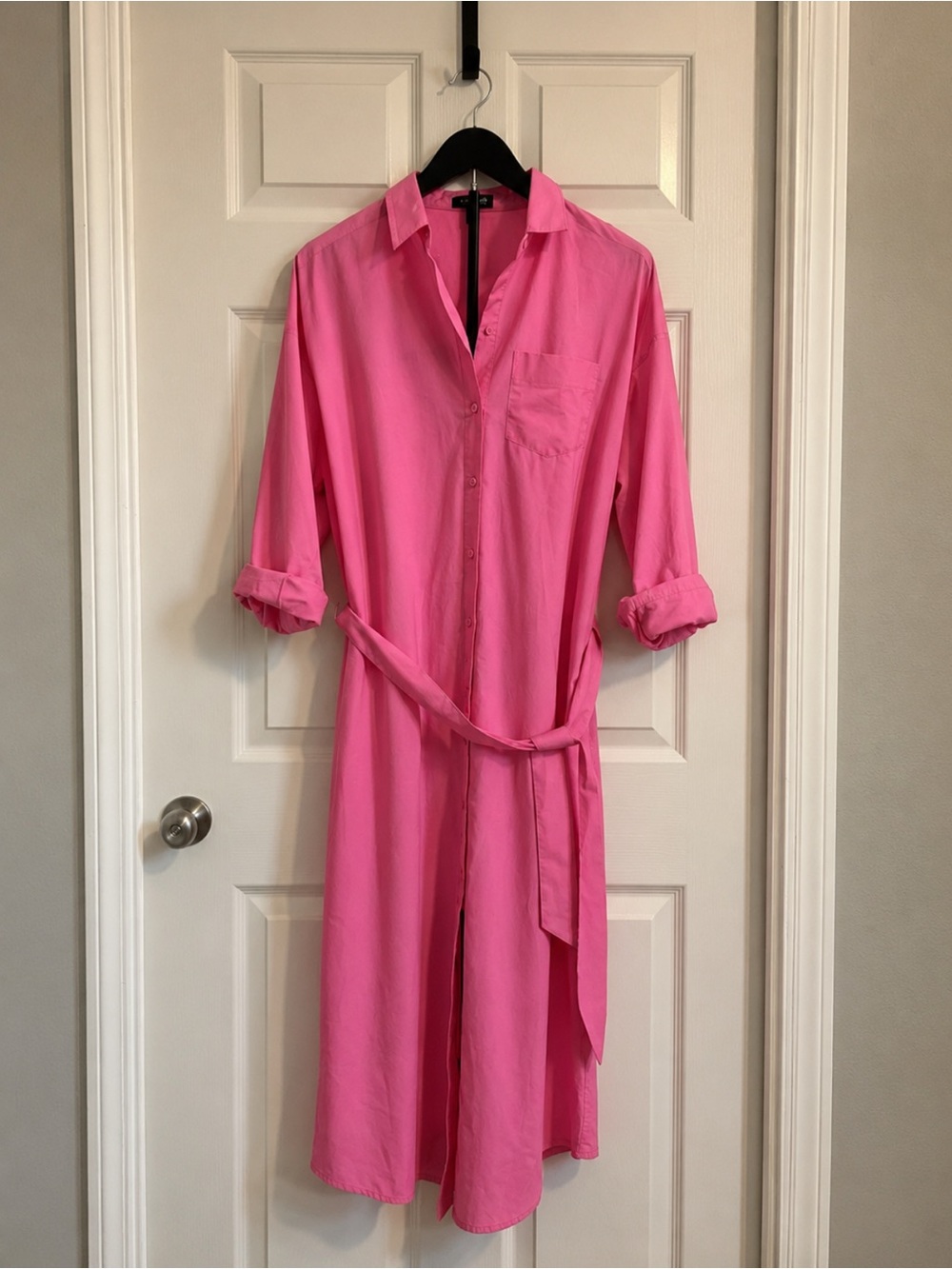 Express Hot Pink Long Sleeve Shirt Dress with Waist Tie
